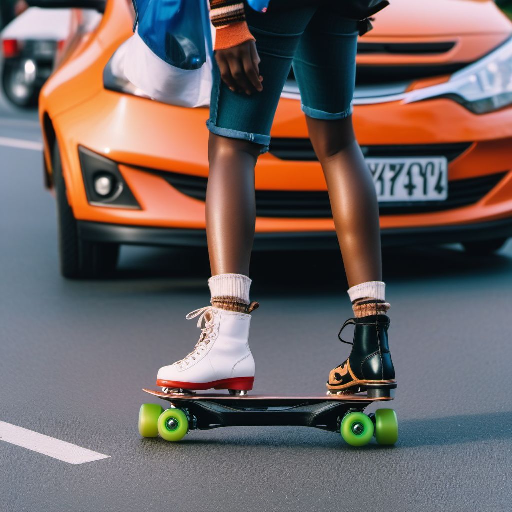 Pedestrian on roller-skates injured in collision with two- or three-wheeled motor vehicle, unspecified whether traffic or nontraffic accident digital illustration