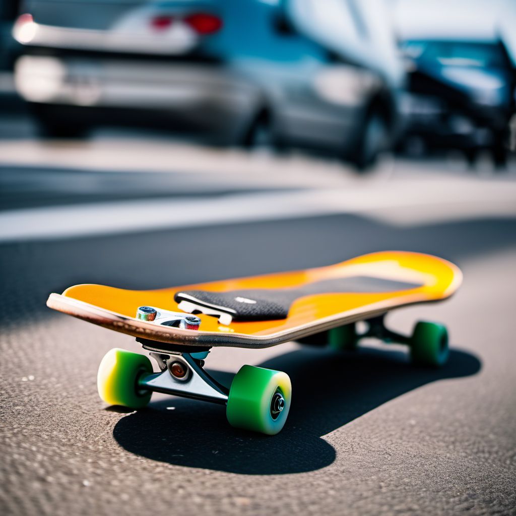 Pedestrian on skateboard injured in collision with two- or three-wheeled motor vehicle, unspecified whether traffic or nontraffic accident digital illustration