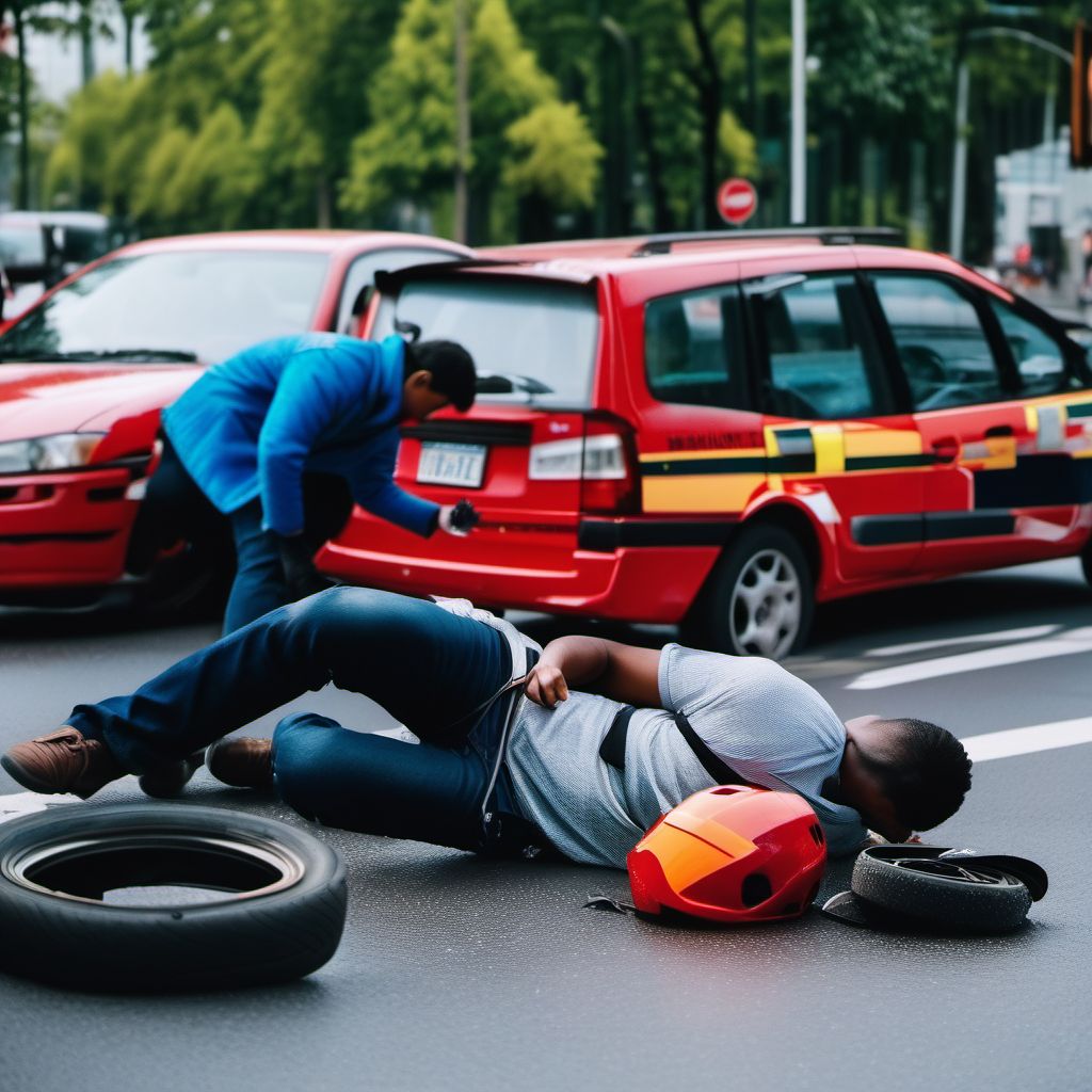 Pedestrian with other conveyance injured in collision with two- or three-wheeled motor vehicle, unspecified whether traffic or nontraffic accident digital illustration