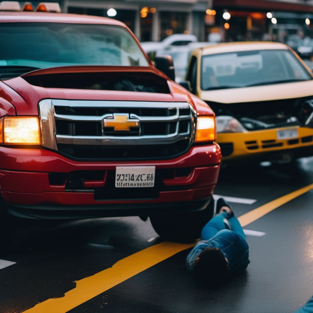 Pedestrian injured in collision with car, pick-up truck or van in traffic accident digital illustration