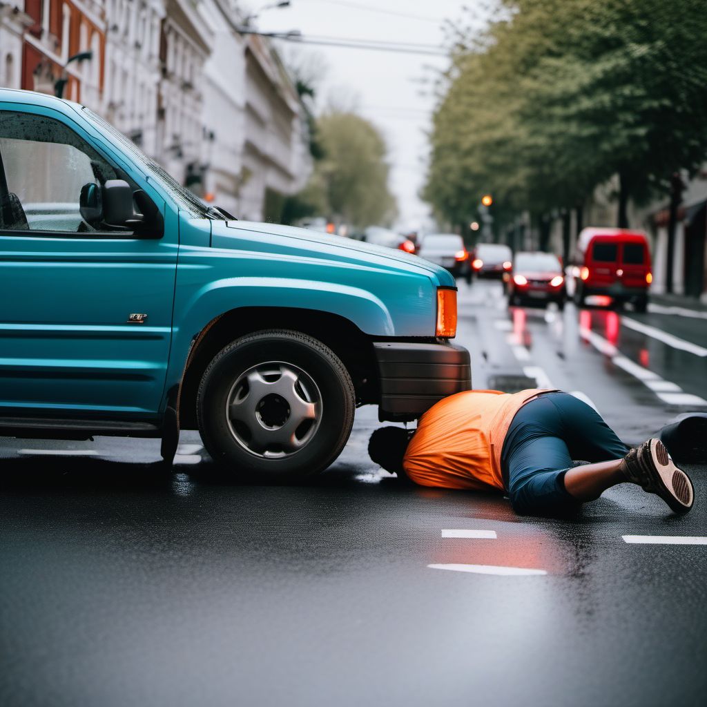 Pedestrian on foot injured in collision with car, pick-up truck or van in traffic accident digital illustration