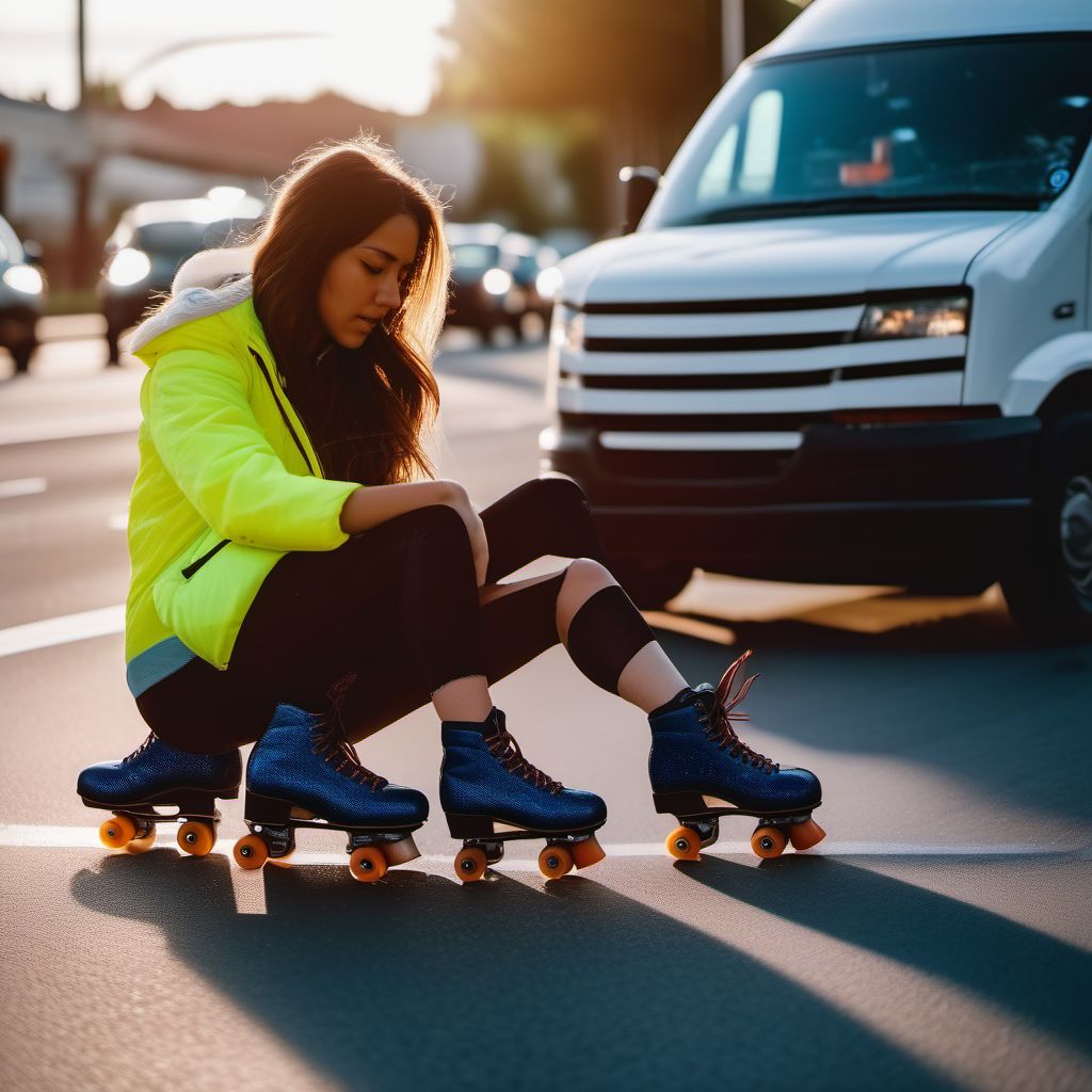 Pedestrian on roller-skates injured in collision with car, pick-up truck or van in traffic accident digital illustration