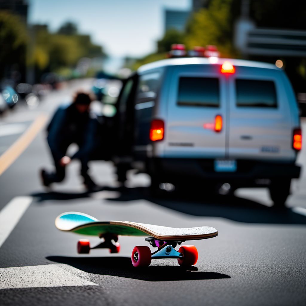 Pedestrian on skateboard injured in collision with car, pick-up truck or van in traffic accident digital illustration