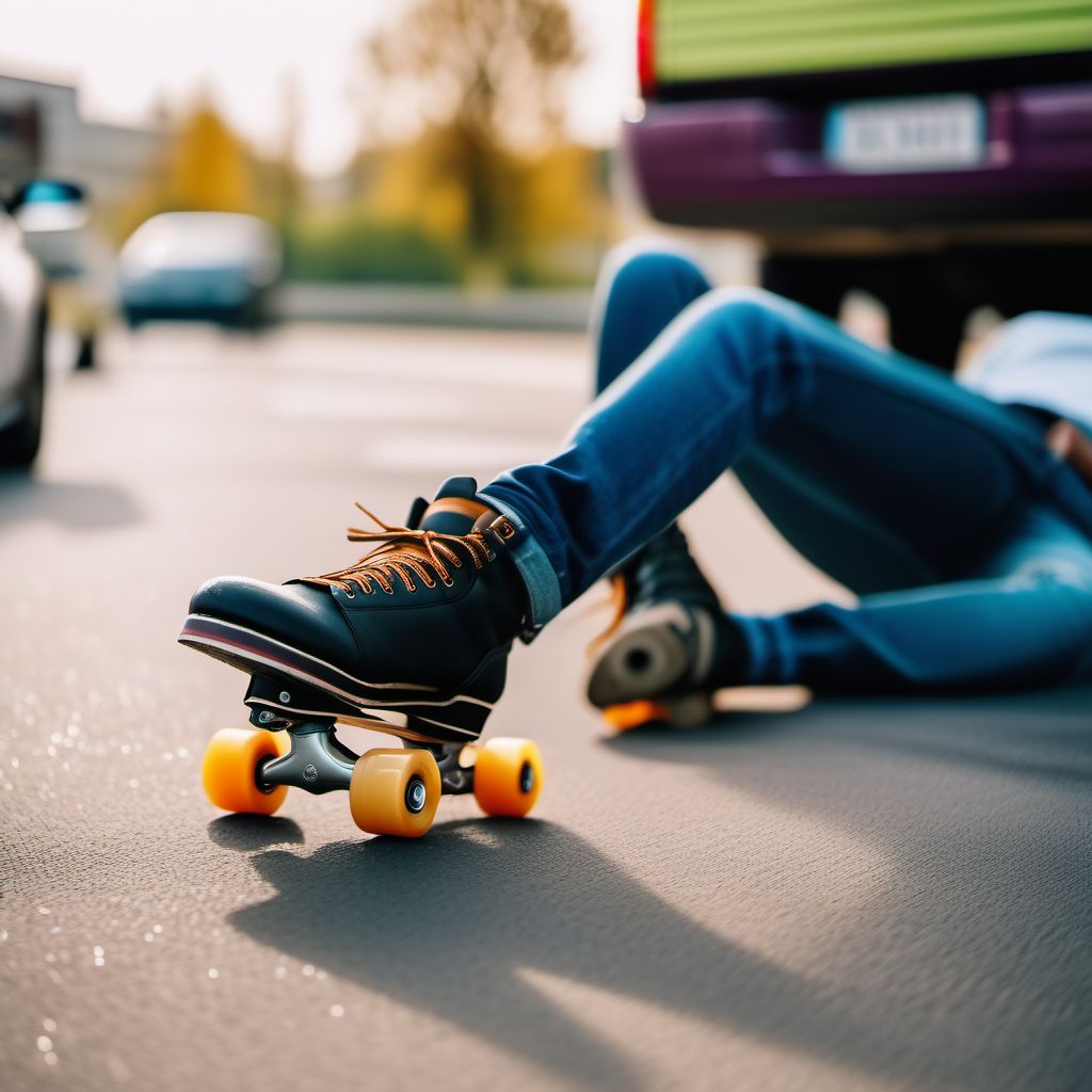 Pedestrian on roller-skates injured in collision with car, pick-up truck or van, unspecified whether traffic or nontraffic accident digital illustration