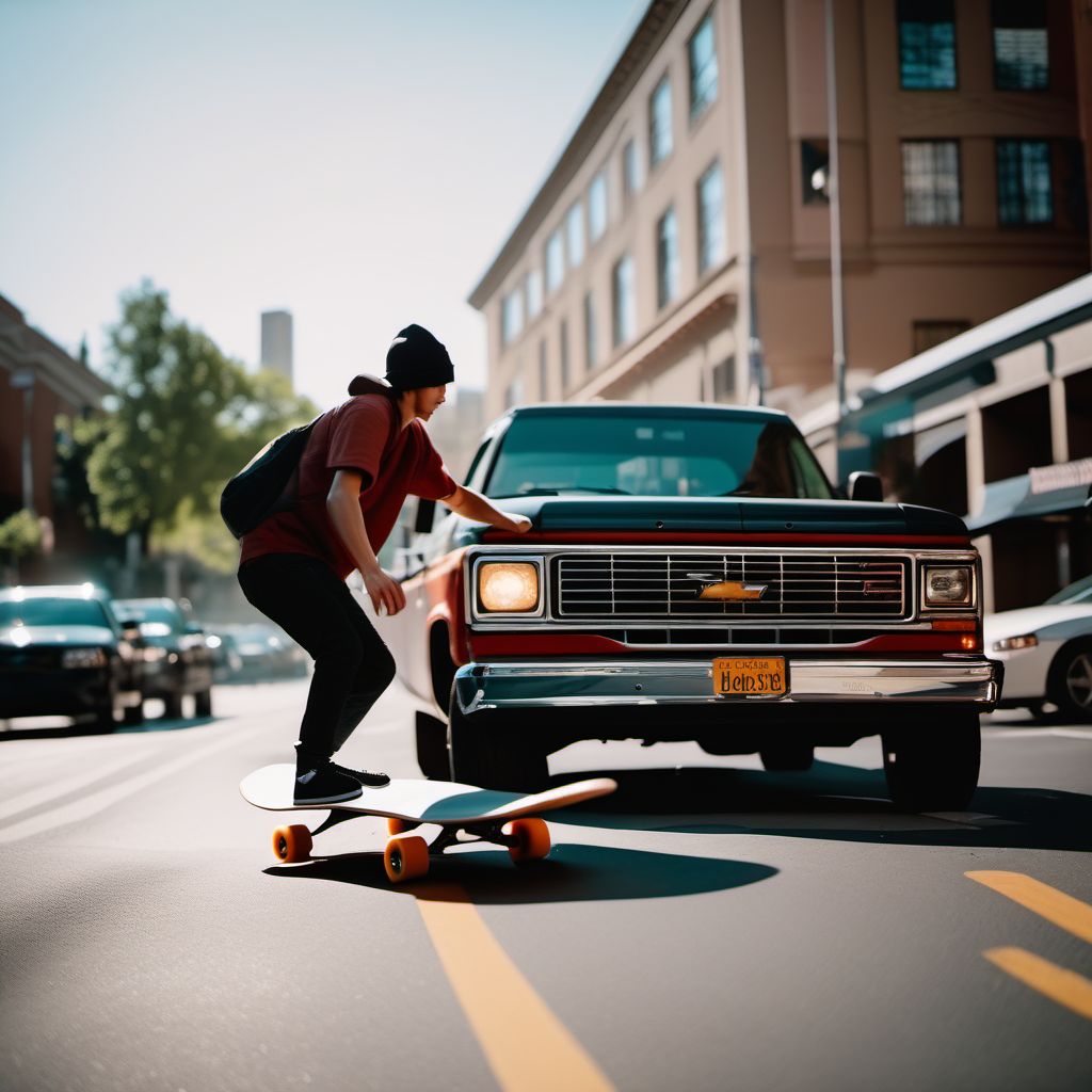 Pedestrian on skateboard injured in collision with car, pick-up truck or van, unspecified whether traffic or nontraffic accident digital illustration