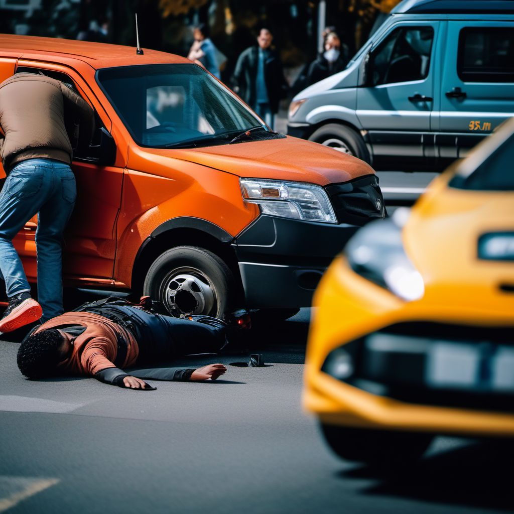 Pedestrian with other conveyance injured in collision with car, pick-up truck or van, unspecified whether traffic or nontraffic accident digital illustration