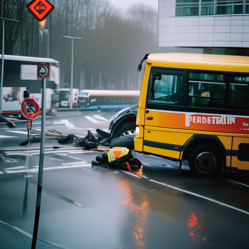 Pedestrian on foot injured in collision with heavy transport vehicle or bus in nontraffic accident digital illustration