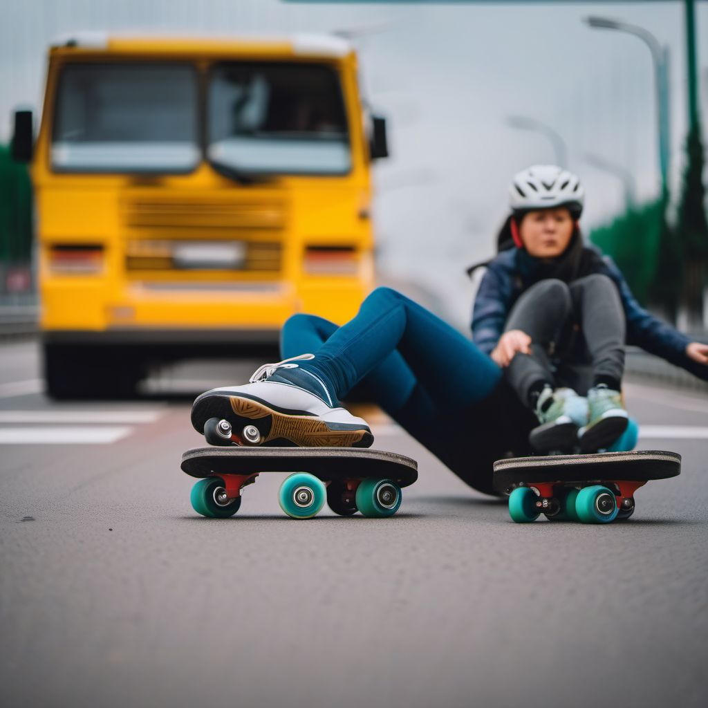 Pedestrian on roller-skates injured in collision with heavy transport vehicle or bus in nontraffic accident digital illustration