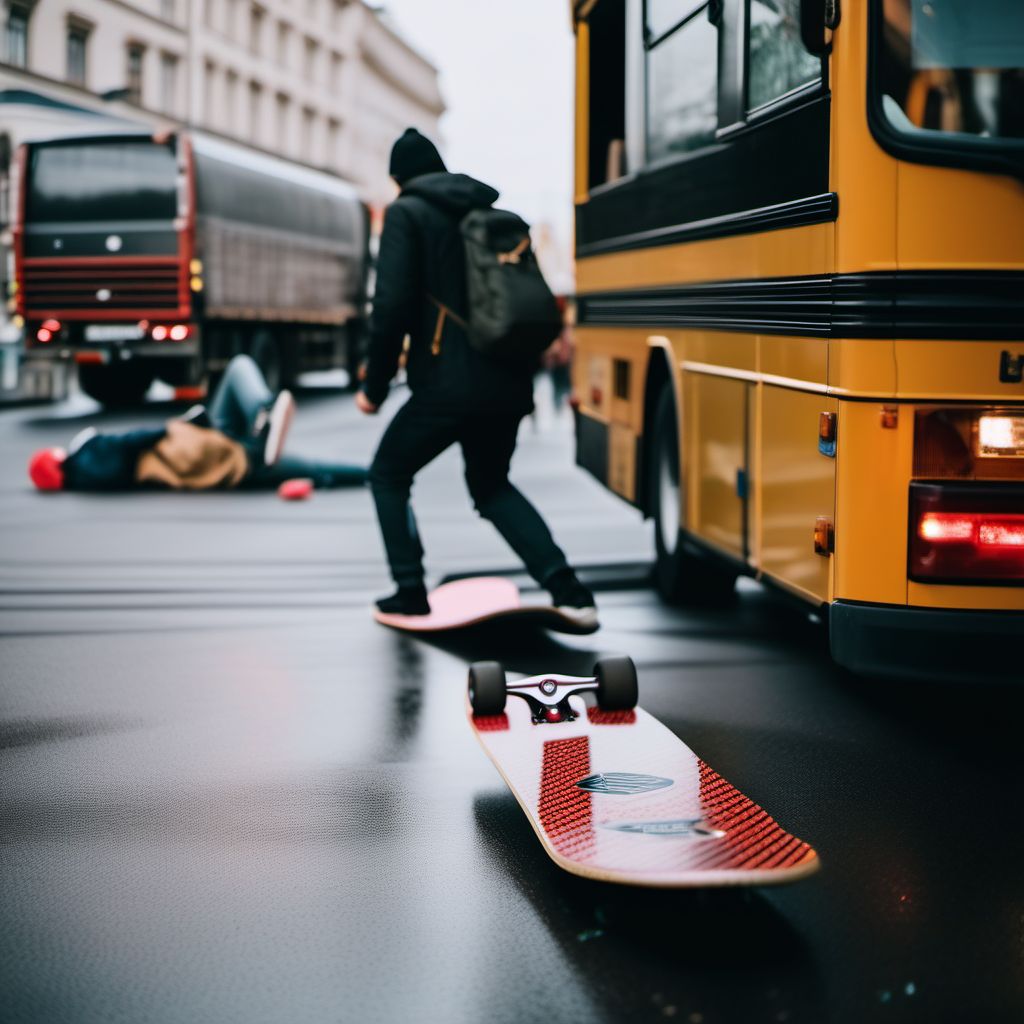 Pedestrian on skateboard injured in collision with heavy transport vehicle or bus in nontraffic accident digital illustration