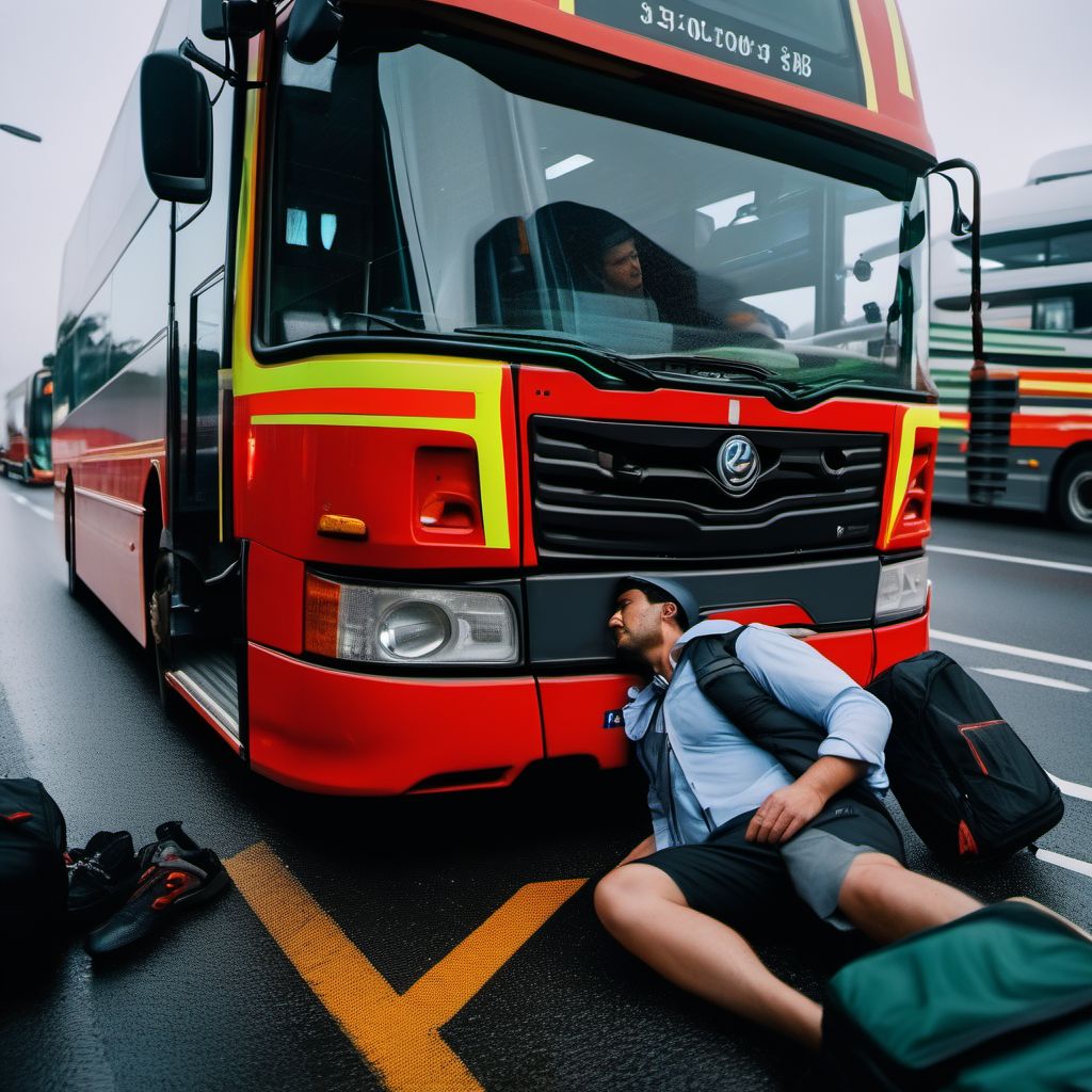 Pedestrian injured in collision with heavy transport vehicle or bus in traffic accident digital illustration