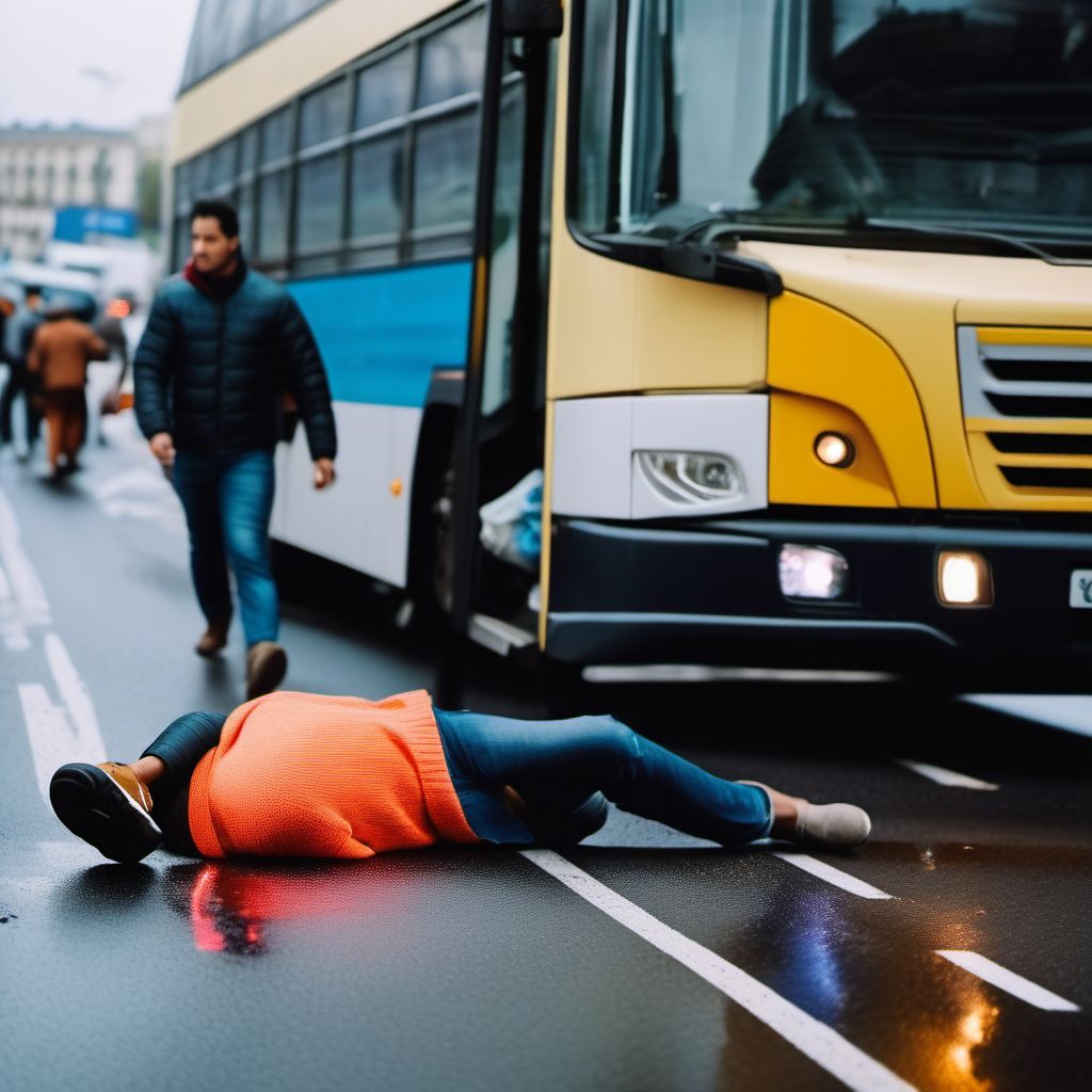 Pedestrian on foot injured in collision with heavy transport vehicle or bus in traffic accident digital illustration