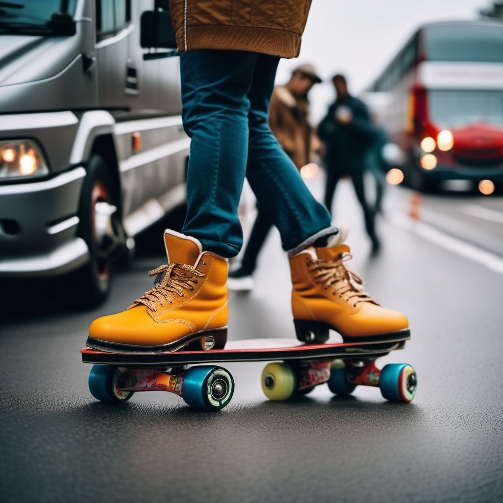 Pedestrian on roller-skates injured in collision with heavy transport vehicle or bus in traffic accident digital illustration