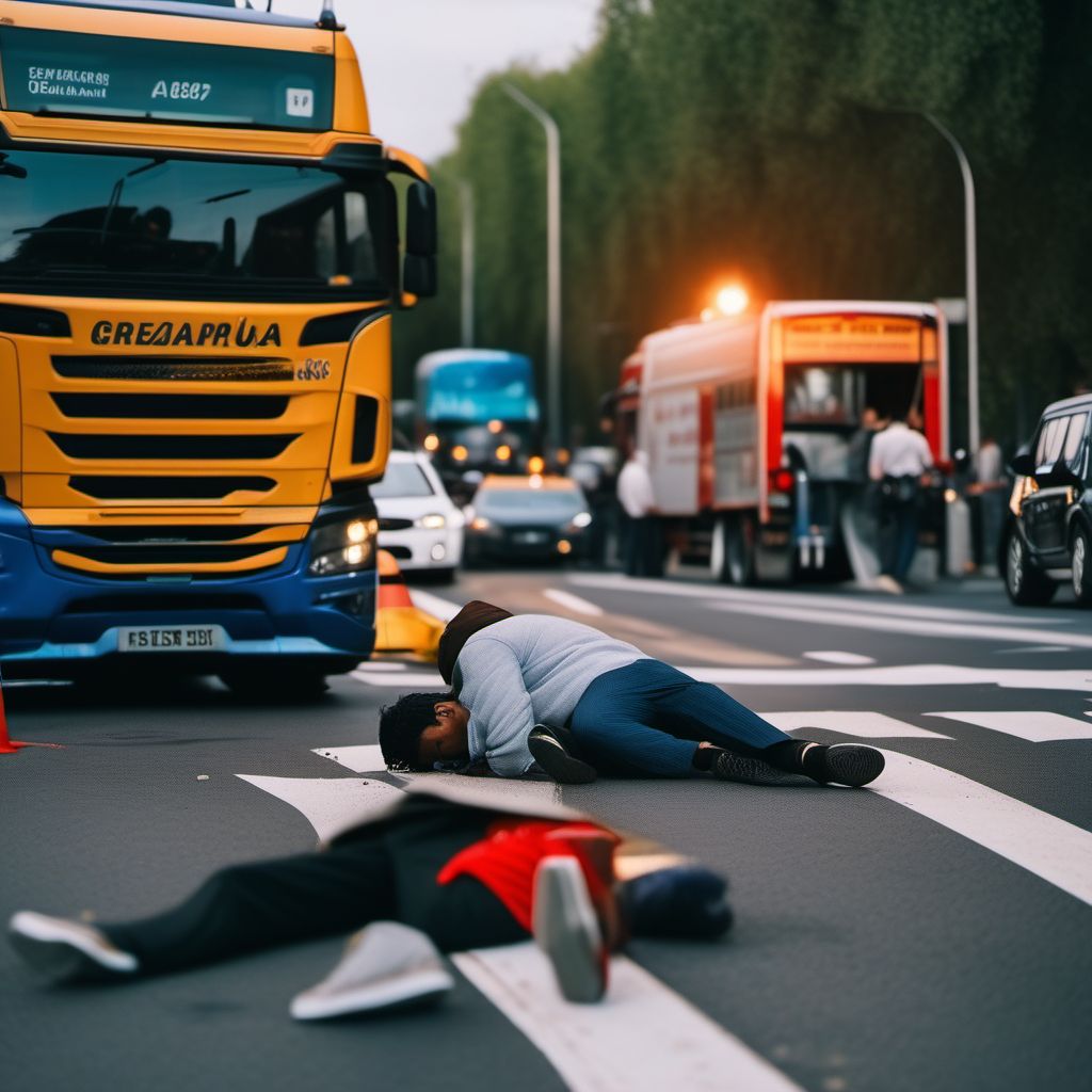 Pedestrian injured in collision with heavy transport vehicle or bus, unspecified whether traffic or nontraffic accident digital illustration