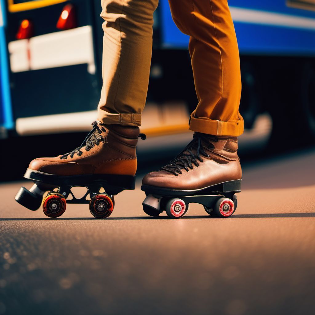 Pedestrian on roller-skates injured in collision with heavy transport vehicle or bus, unspecified whether traffic or nontraffic accident digital illustration