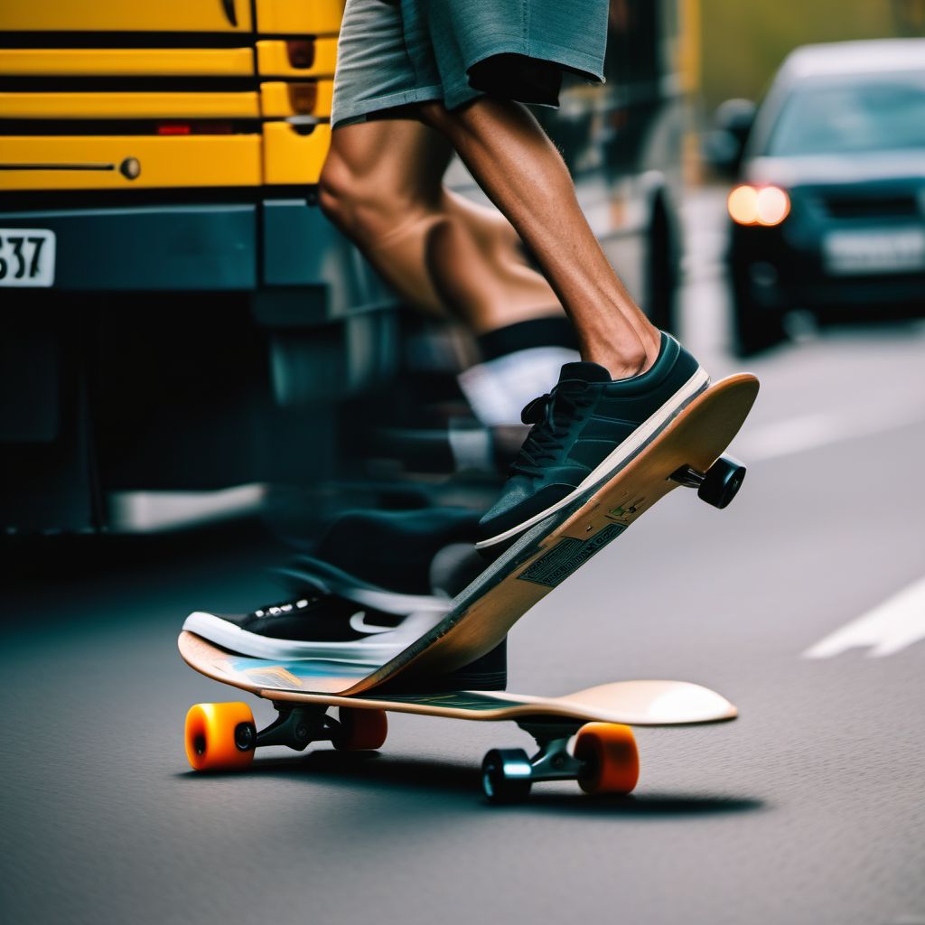 Pedestrian on skateboard injured in collision with heavy transport vehicle or bus, unspecified whether traffic or nontraffic accident digital illustration