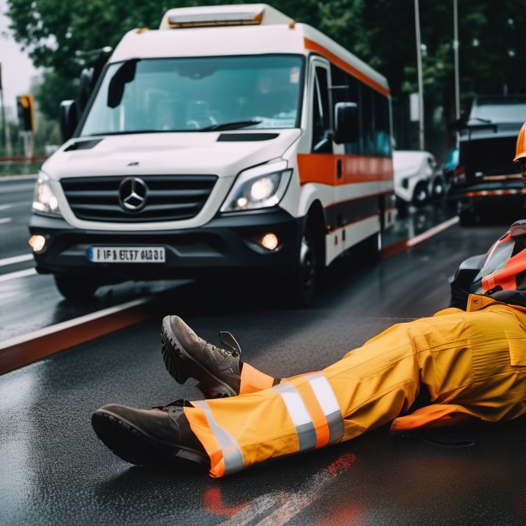 Pedestrian with other conveyance injured in collision with heavy transport vehicle or bus, unspecified whether traffic or nontraffic accident digital illustration