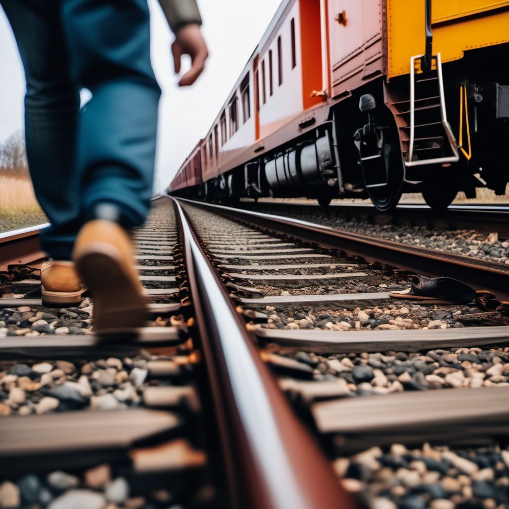 Pedestrian injured in collision with railway train or railway vehicle in nontraffic accident digital illustration