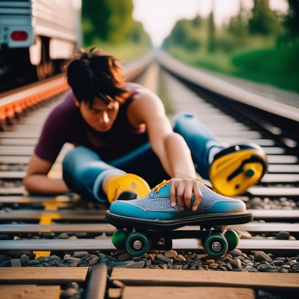 Pedestrian on roller-skates injured in collision with railway train or railway vehicle in nontraffic accident digital illustration