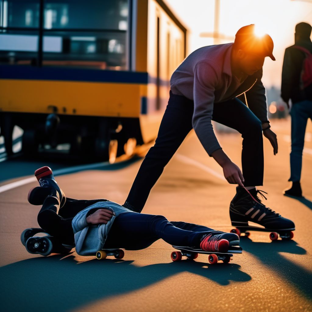 Pedestrian on roller-skates injured in collision with railway train or railway vehicle in traffic accident digital illustration