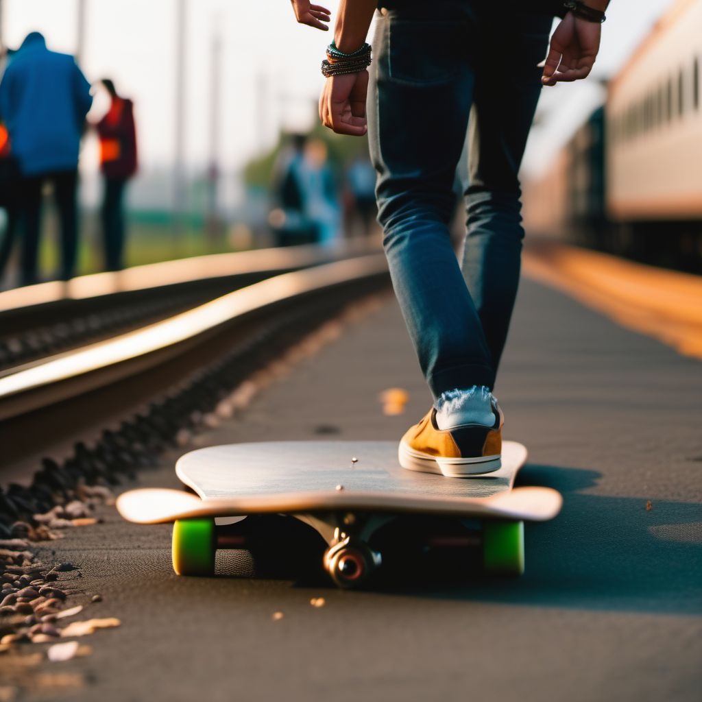 Pedestrian on skateboard injured in collision with railway train or railway vehicle in traffic accident digital illustration