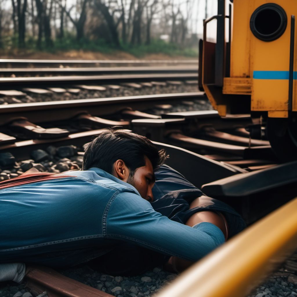 Pedestrian with other conveyance injured in collision with railway train or railway vehicle in traffic accident digital illustration