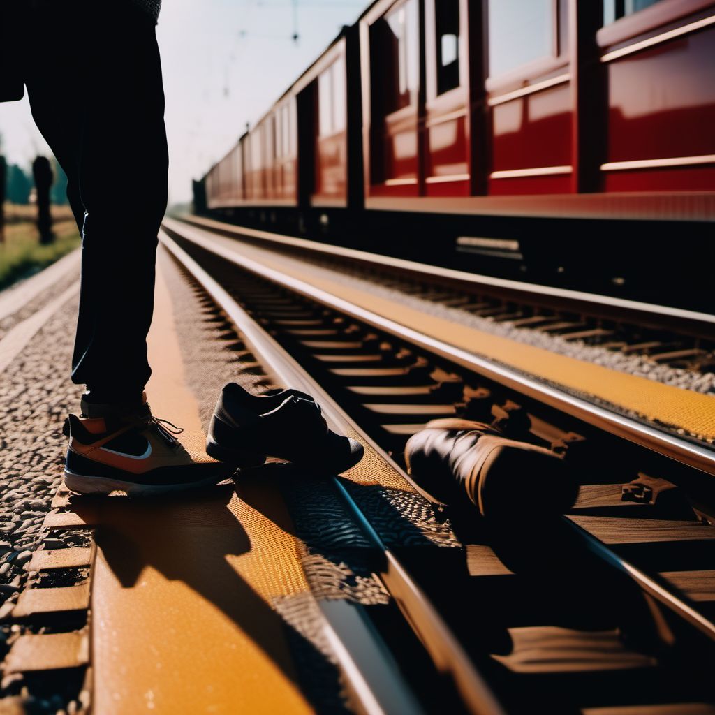 Pedestrian on foot injured in collision with railway train or railway vehicle, unspecified whether traffic or nontraffic accident digital illustration