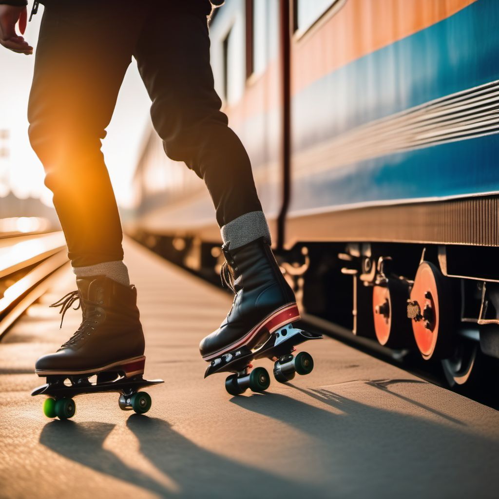 Pedestrian on roller-skates injured in collision with railway train or railway vehicle, unspecified whether traffic or nontraffic accident digital illustration