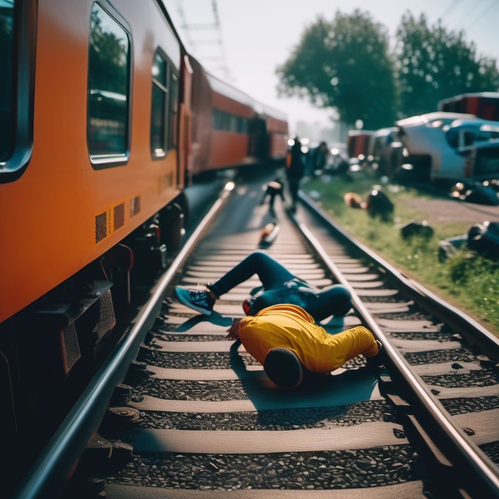 Pedestrian on skateboard injured in collision with railway train or railway vehicle, unspecified whether traffic or nontraffic accident digital illustration