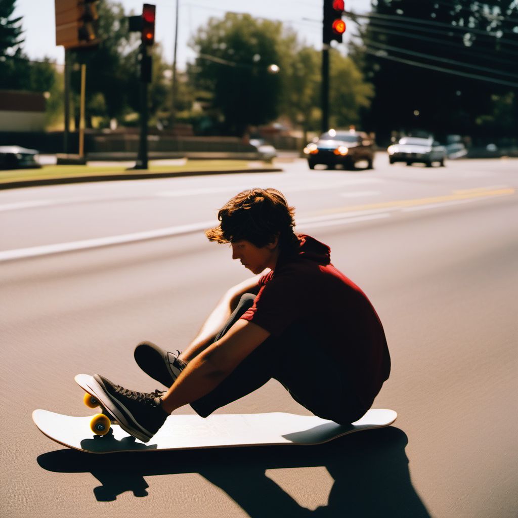 Pedestrian on skateboard injured in collision with other nonmotor vehicle, unspecified whether traffic or nontraffic accident digital illustration