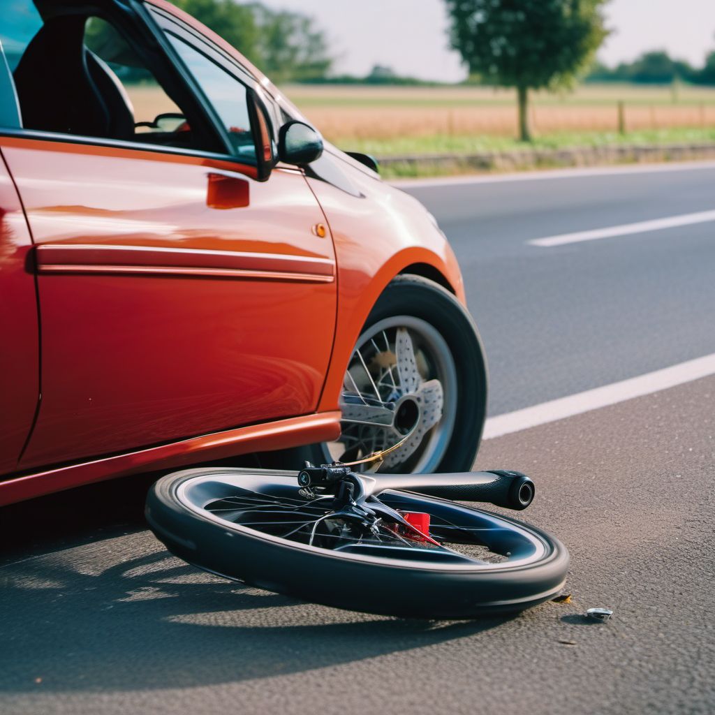 Unspecified pedal cyclist injured in collision with two- or three-wheeled motor vehicle in nontraffic accident digital illustration