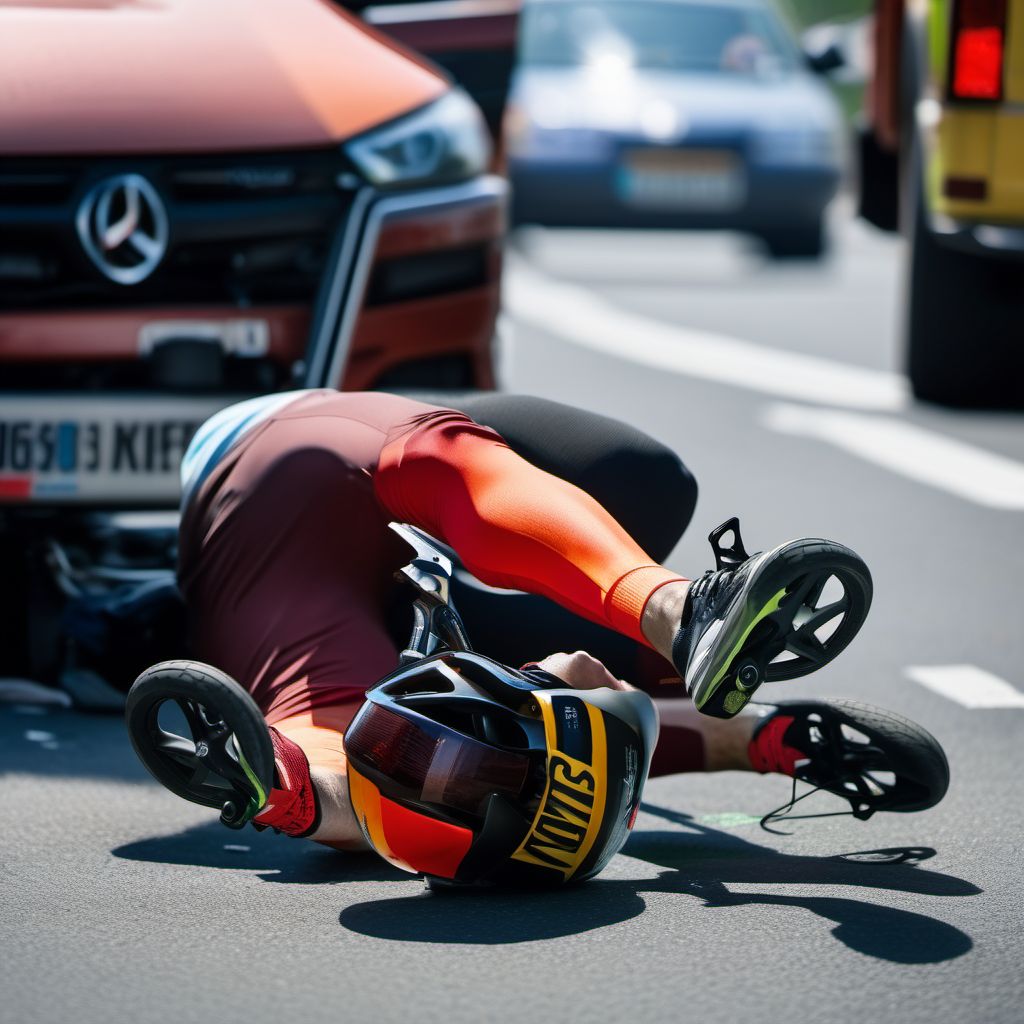 Unspecified pedal cyclist injured in collision with two- or three-wheeled motor vehicle in traffic accident digital illustration