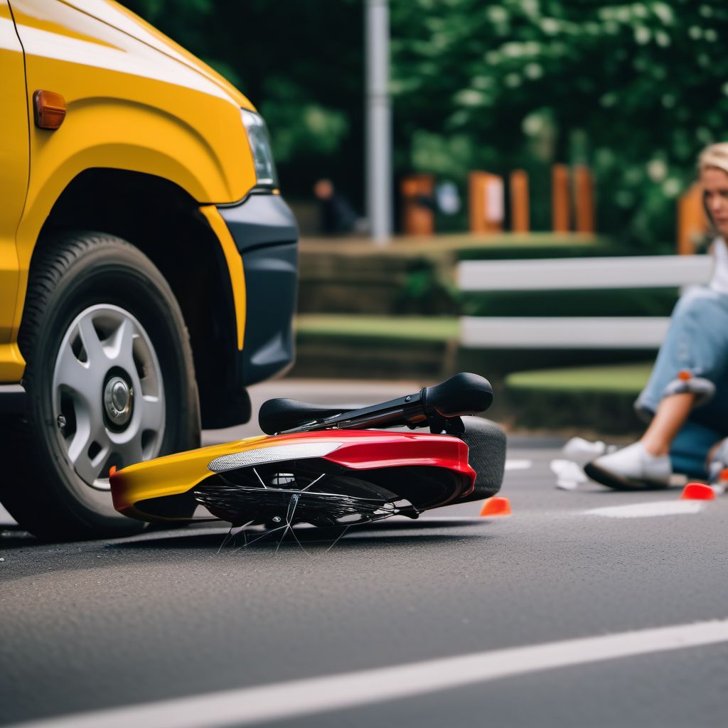 Pedal cycle passenger injured in collision with car, pick-up truck or van in nontraffic accident digital illustration