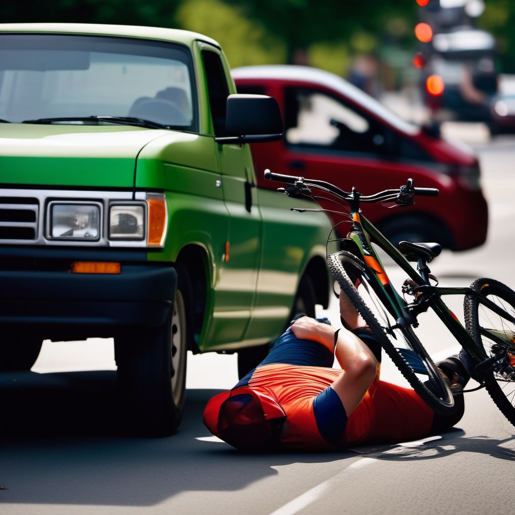 Unspecified pedal cyclist injured in collision with car, pick-up truck or van in nontraffic accident digital illustration