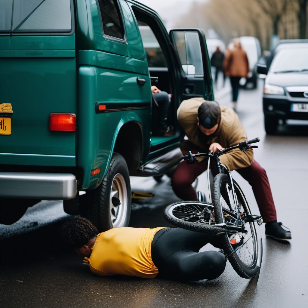 Person boarding or alighting a pedal cycle injured in collision with car, pick-up truck or van digital illustration