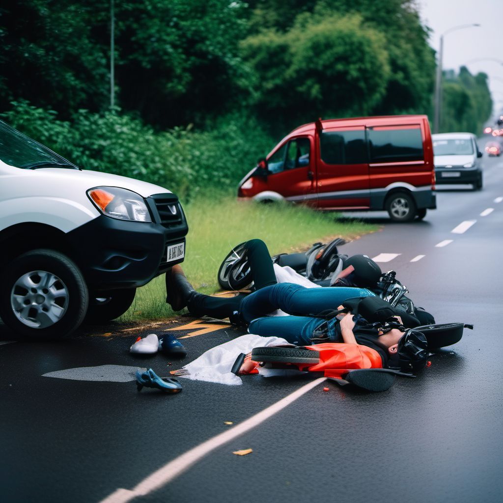 Pedal cycle passenger injured in collision with car, pick-up truck or van in traffic accident digital illustration