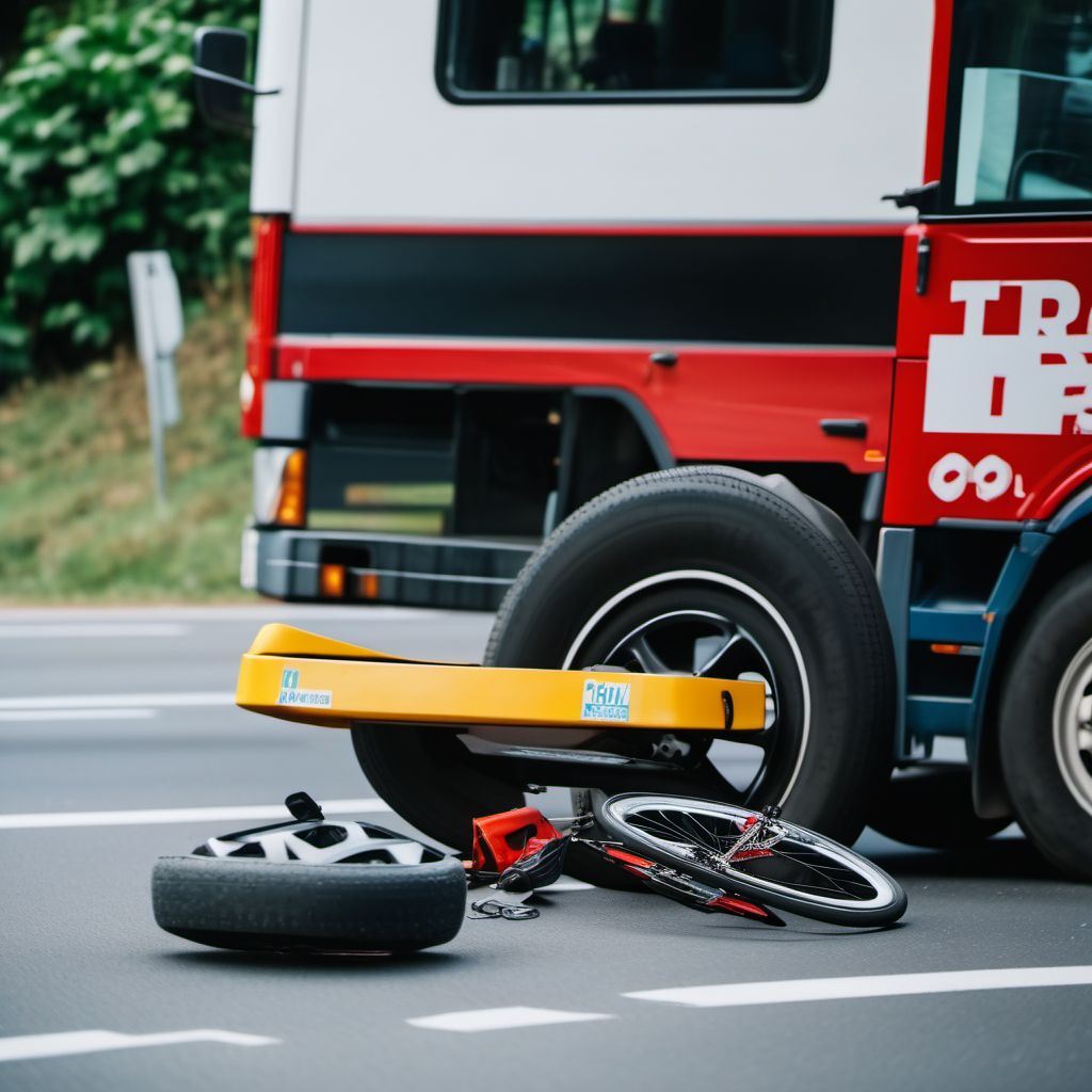 Pedal cycle driver injured in collision with heavy transport vehicle or bus in nontraffic accident digital illustration