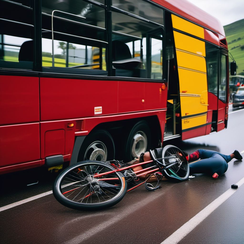 Pedal cycle passenger injured in collision with heavy transport vehicle or bus in nontraffic accident digital illustration