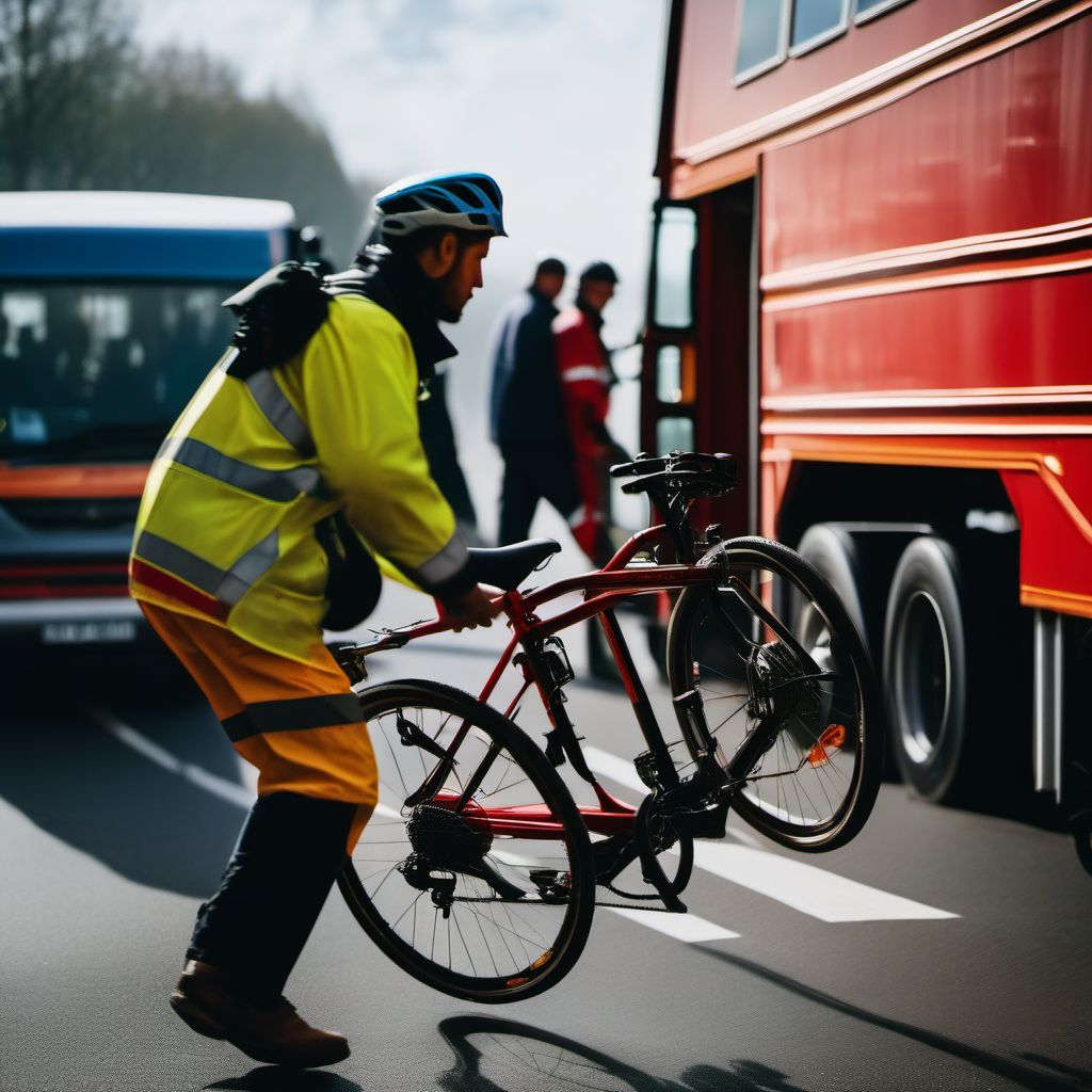 Person boarding or alighting a pedal cycle injured in collision with heavy transport vehicle or bus digital illustration