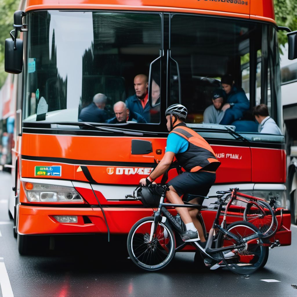 Pedal cycle driver injured in collision with heavy transport vehicle or bus in traffic accident digital illustration