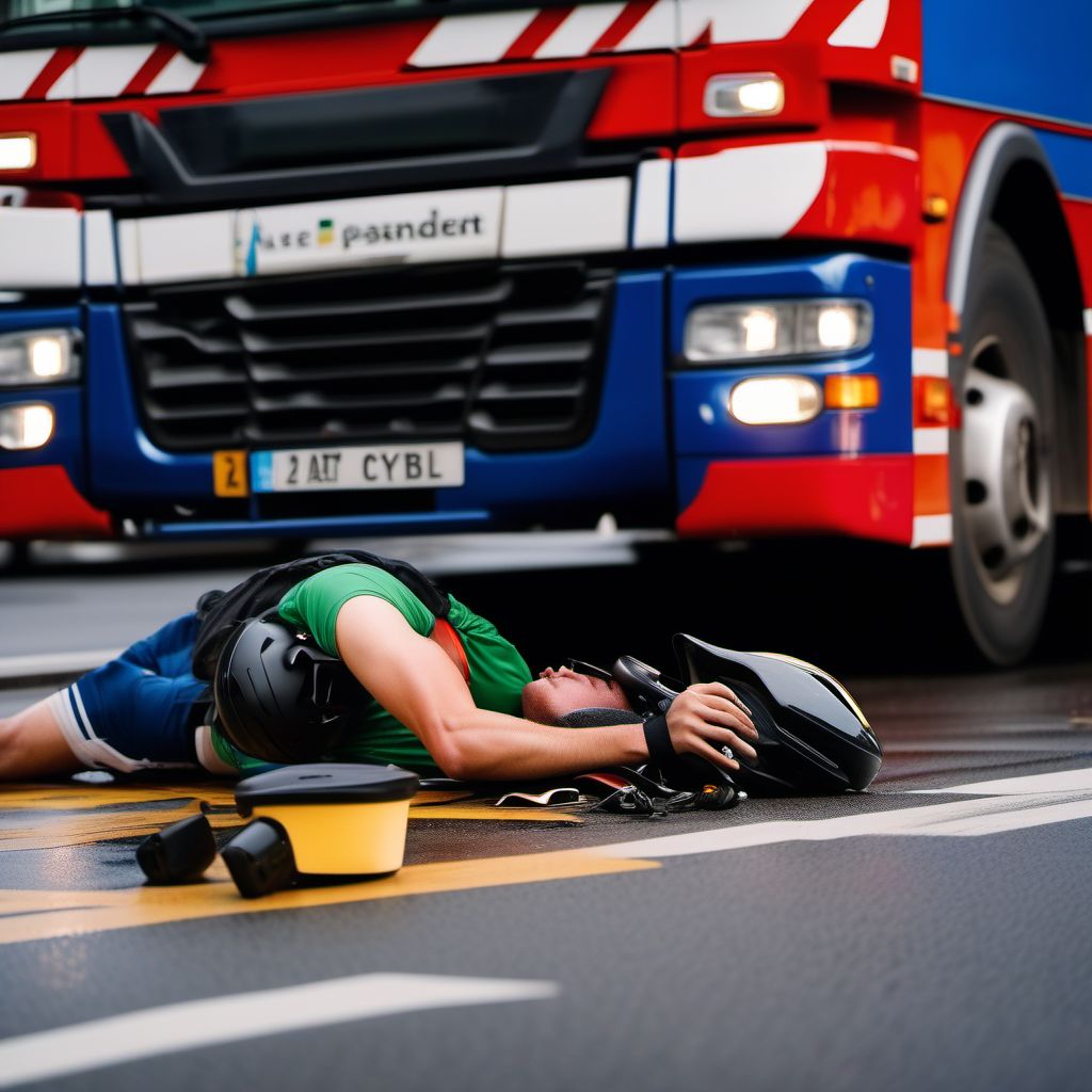 Pedal cycle passenger injured in collision with heavy transport vehicle or bus in traffic accident digital illustration