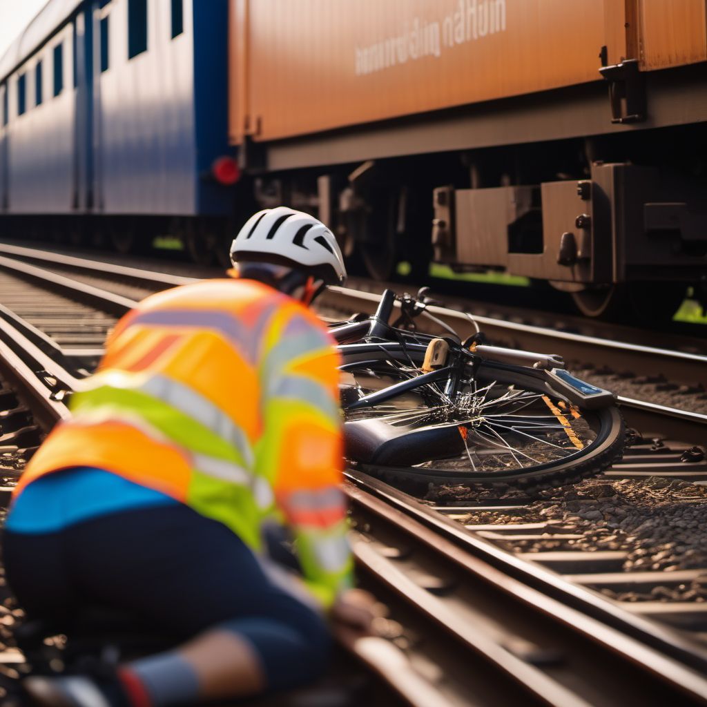 Pedal cycle rider injured in collision with railway train or railway vehicle digital illustration