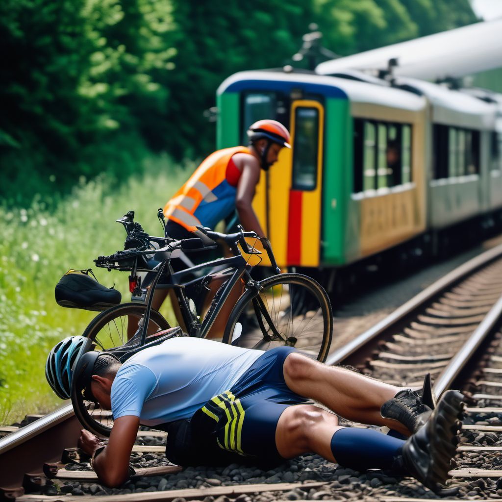 Pedal cycle driver injured in collision with railway train or railway vehicle in nontraffic accident digital illustration