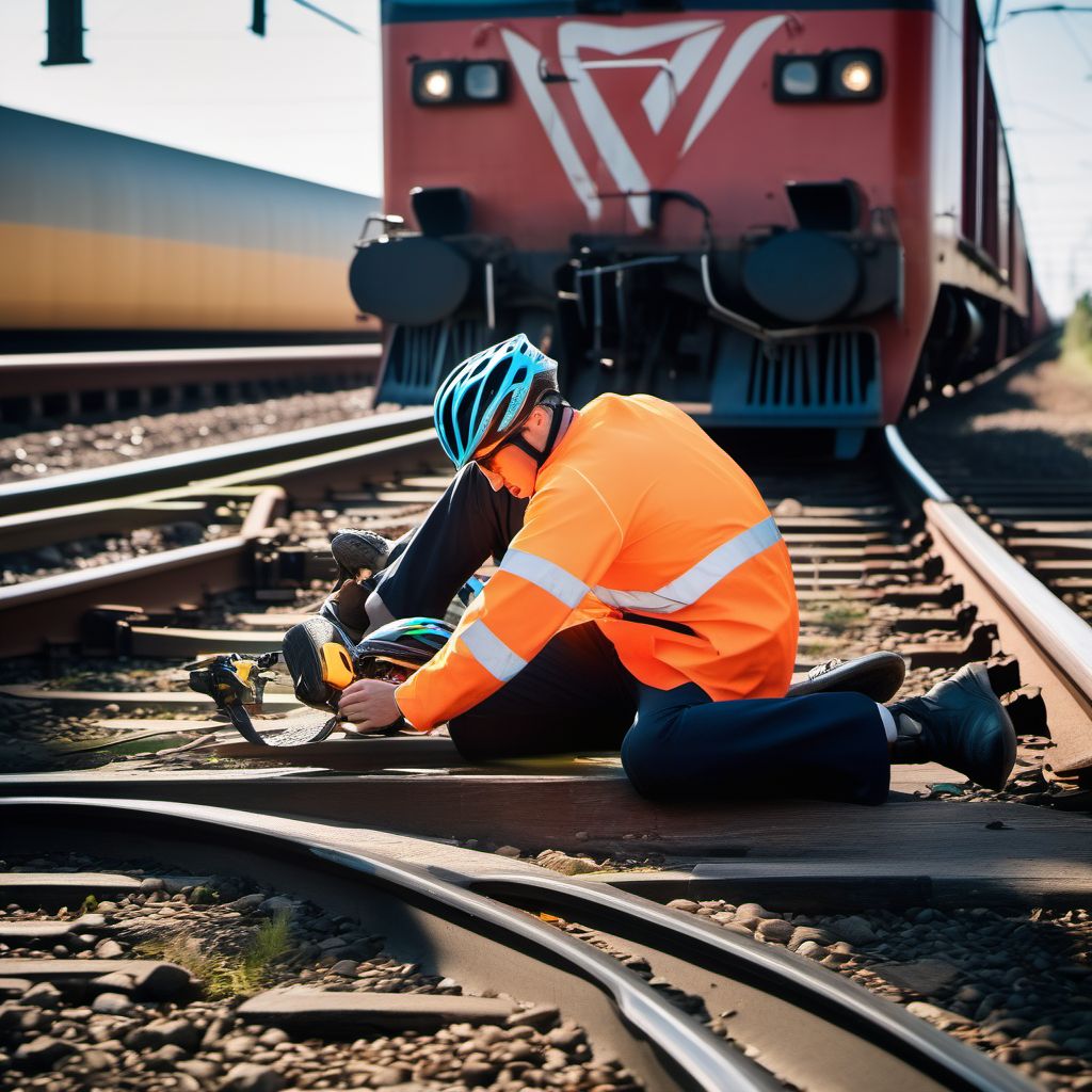 Unspecified pedal cyclist injured in collision with railway train or railway vehicle in nontraffic accident digital illustration