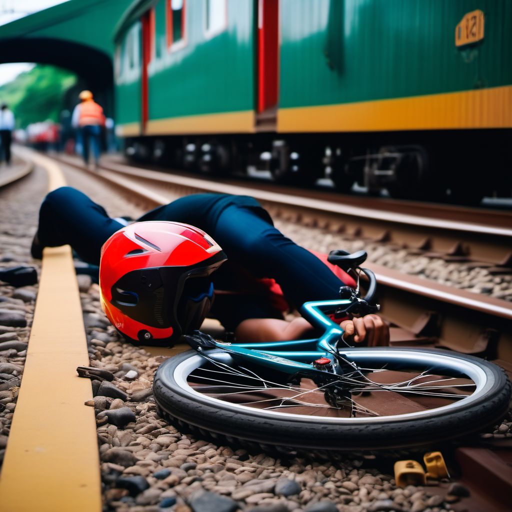 Pedal cycle passenger injured in collision with railway train or railway vehicle in traffic accident digital illustration