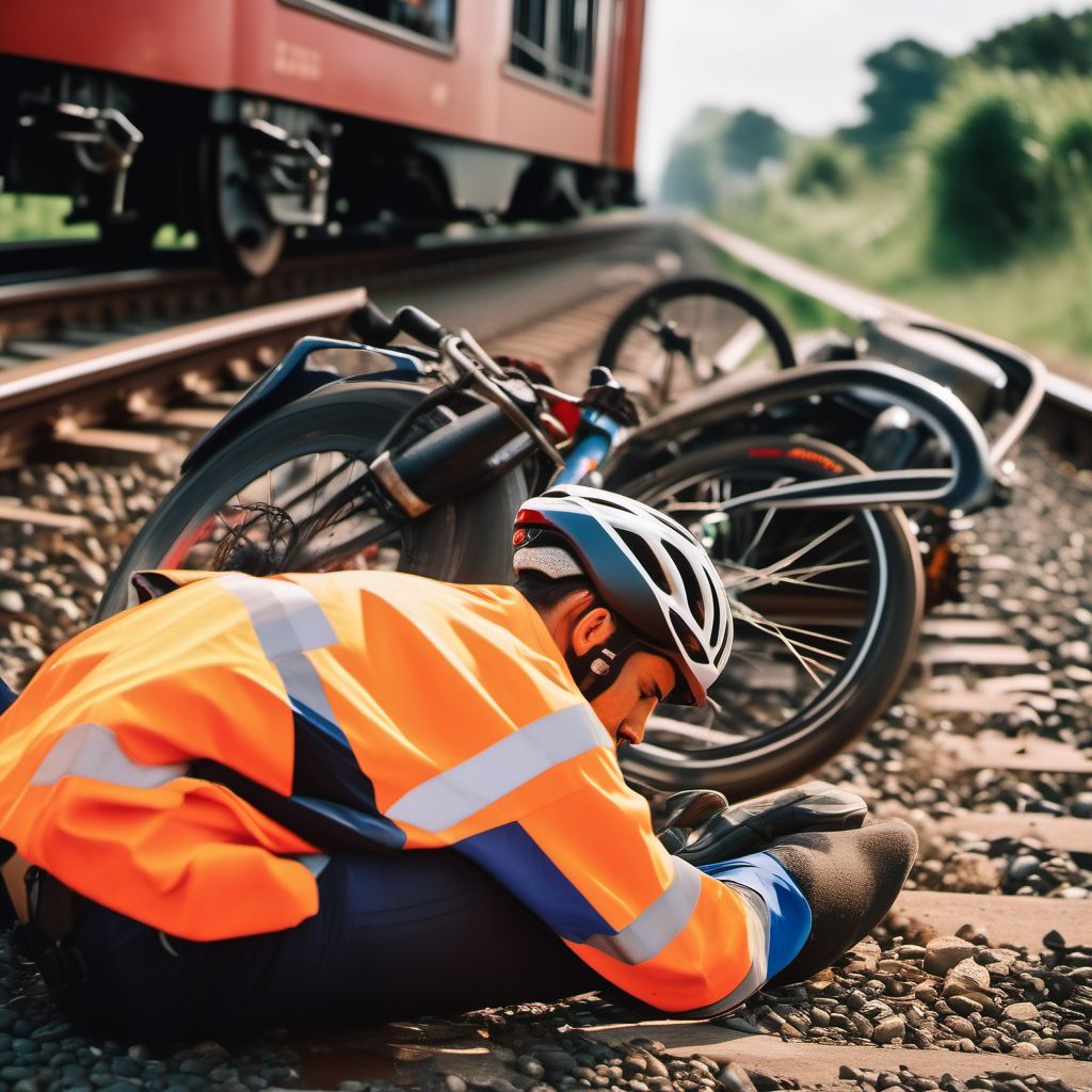 Unspecified pedal cyclist injured in collision with railway train or railway vehicle in traffic accident digital illustration