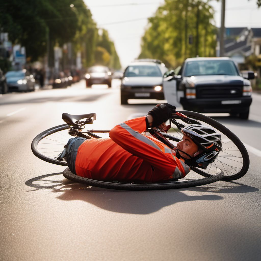 Pedal cycle driver injured in collision with other and unspecified motor vehicles in nontraffic accident digital illustration