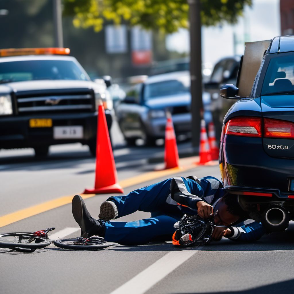 Pedal cycle driver injured in collision with unspecified motor vehicles in nontraffic accident digital illustration