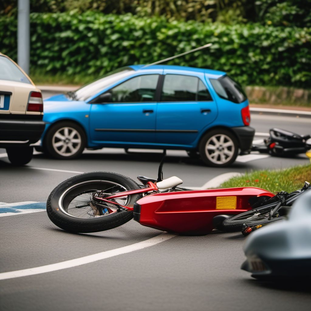 Pedal cycle passenger injured in collision with other and unspecified motor vehicles in nontraffic accident digital illustration