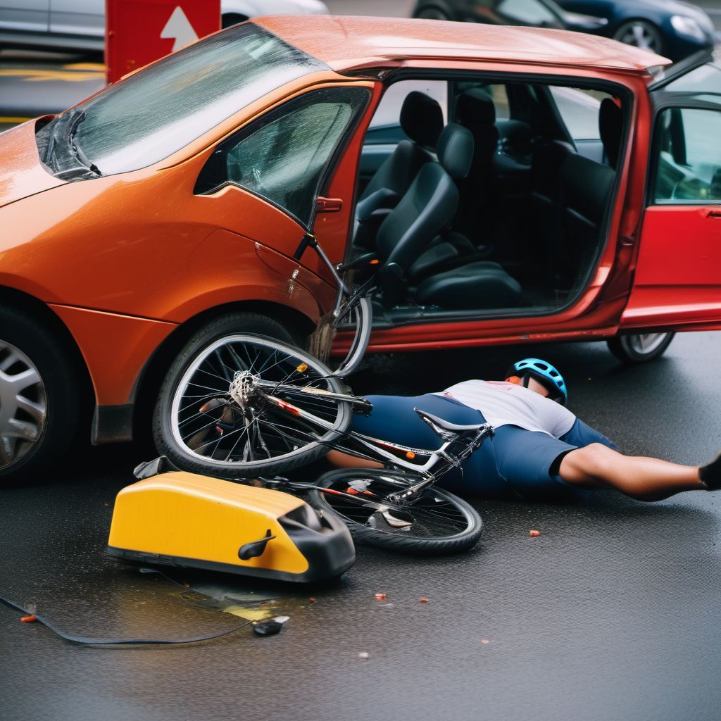 Pedal cycle passenger injured in collision with unspecified motor vehicles in nontraffic accident digital illustration