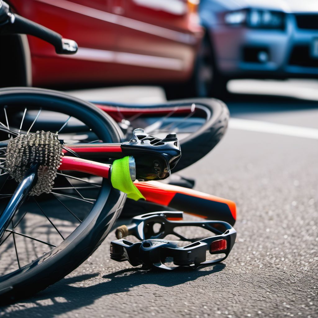 Unspecified pedal cyclist injured in collision with other and unspecified motor vehicles in nontraffic accident digital illustration